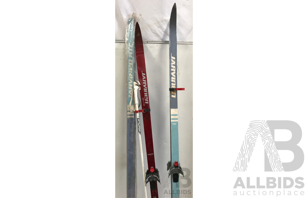 Assorted Jarvinen Skis and Dinsport XL Eskimo Ski Boots