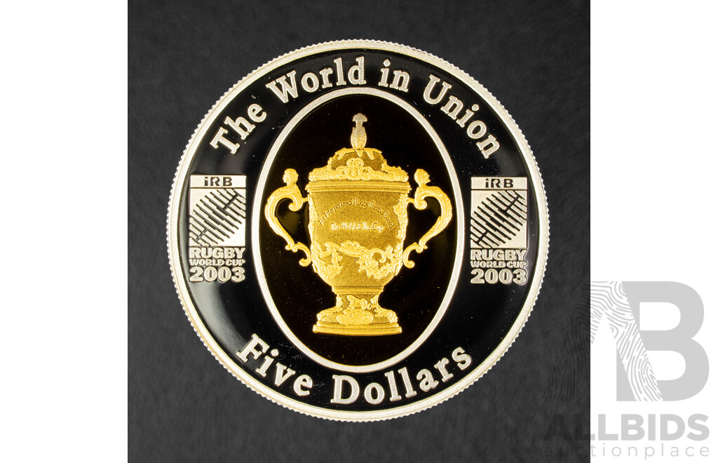 Australian RAM 2003 Silver Proof Five Dollar Selectively Gold Plated Coin, Rugby World Cup .999