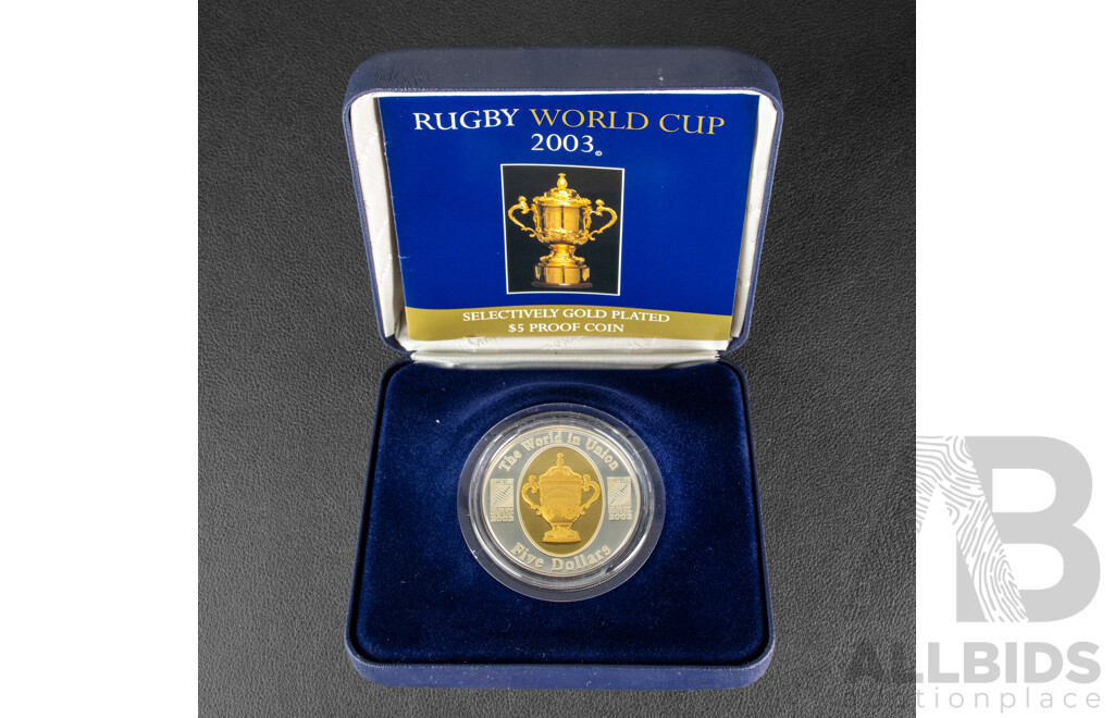 Australian RAM 2003 Silver Proof Five Dollar Selectively Gold Plated Coin, Rugby World Cup .999