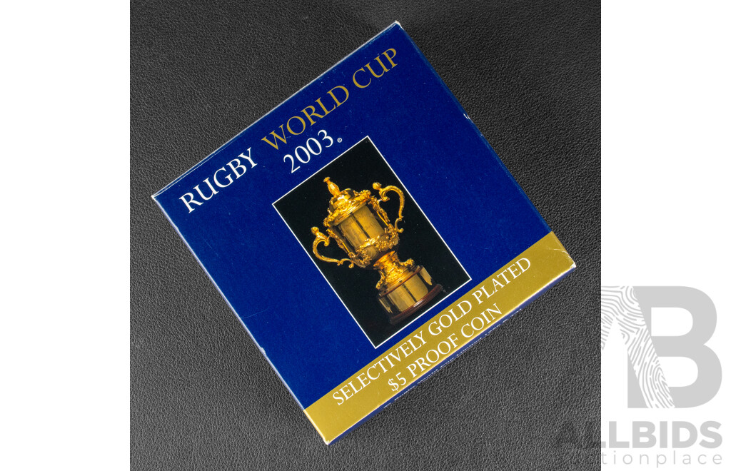 Australian RAM 2003 Silver Proof Five Dollar Selectively Gold Plated Coin, Rugby World Cup .999