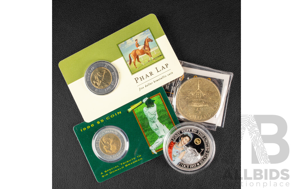 Three Australian Commemorative Five Dollar Coins Including 1996 Donald Bradman Tribute, 1988 New Parliament House, 2000 Phar Lap and Bradford Exchange Platinum Plated QE2 Visit to USA