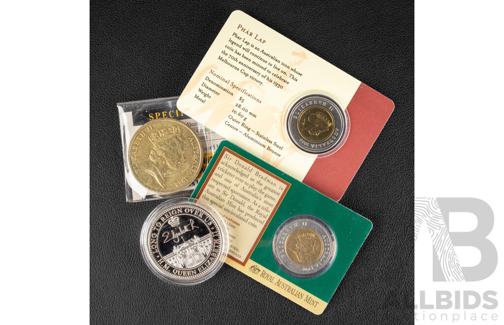 Three Australian Commemorative Five Dollar Coins Including 1996 Donald Bradman Tribute, 1988 New Parliament House, 2000 Phar Lap and Bradford Exchange Platinum Plated QE2 Visit to USA