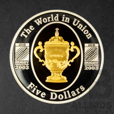 Australian RAM 2003 Silver Proof Five Dollar Selectively Gold Plated Coin, Rugby World Cup .999