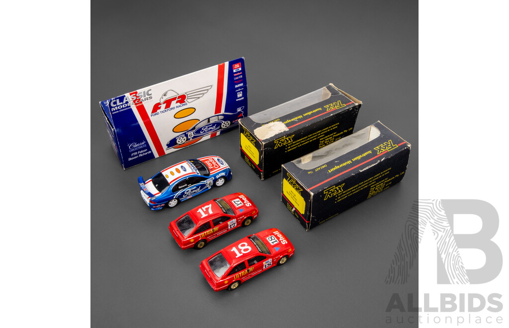 Two TRAX 1990 Ford Sierra Touring Cars, Dick Johnson 8021 and John Bowe 8021B with Classic Carectables Ford Falcon, Steven Richards - 1:43 Scale
