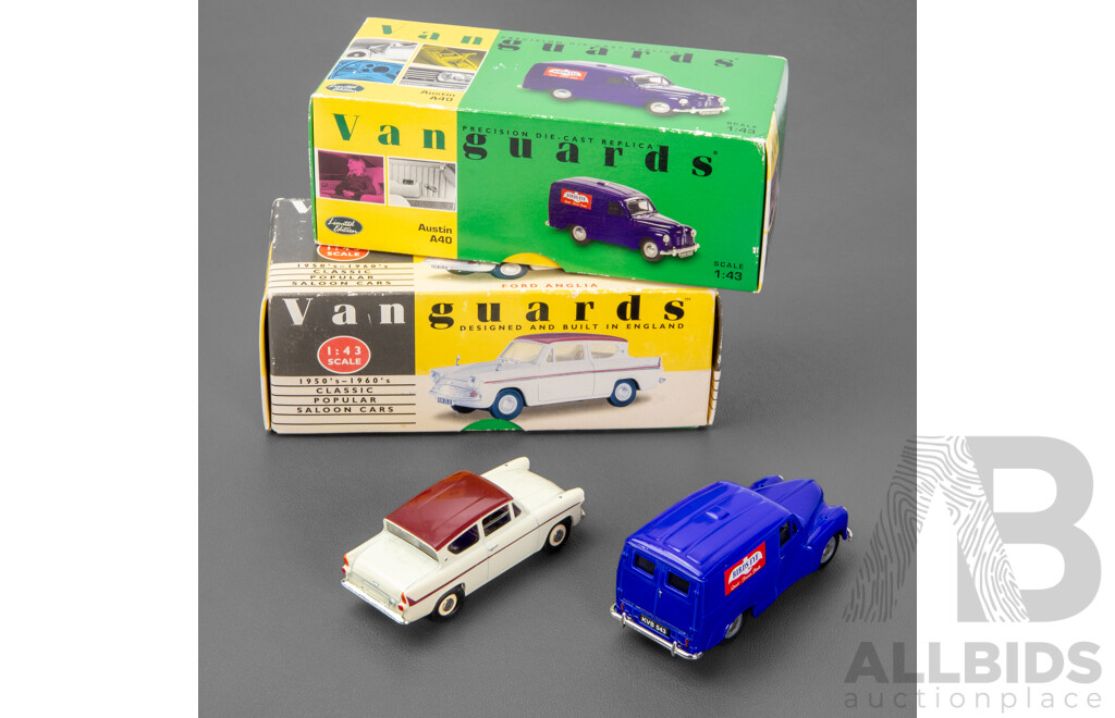 Boxed Vintage Vanguards Diecast 1954 Austin A40 and 1960 Ford Anglia - 1:43 Scale