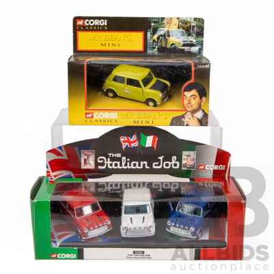 Four Boxed Corgi Classics Minis Including Mr Bean's Mini and the Italian Job Set - 1:36 Scale