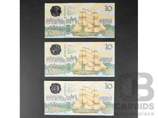 Three Australian 1988 Ten Dollar Notes, Bicentennial Fraser/Evans, R310b