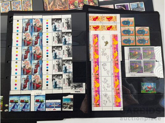 Collection of Australian Mint and Cancelled Stamps and Blocks Including Predecimal, Sets, Rock Posters, QE2, Federation Booklet, Olympics, Rain Forest, Christmas Island, Antarctic Territory