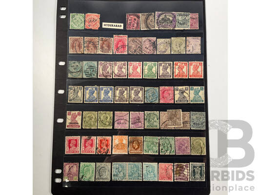 Collection of India/Hyderabad, British Guinea, Grenada Stamps Including QV Hand Cancel, Pakistan, OS, Overprints, Elvis Presley Mini Sheet