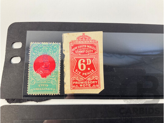 Collection Australian New South Wales Stamps Including QV Ten Shillings Hand Cancel, KGV Two Shillings, Six Pence Promissory Note, Relief Tax Overprints