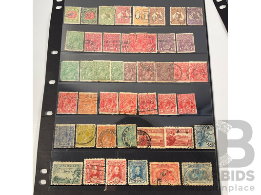 Collection of Australian Predecimal Stamps Spanning 1910's to 1965 Including KGV, KGVI, QE2, Kangaroo on Map Ninepence, Hand Cancel, Perfins, Five Shillings Coat of Arms, Threepence Kookaburra