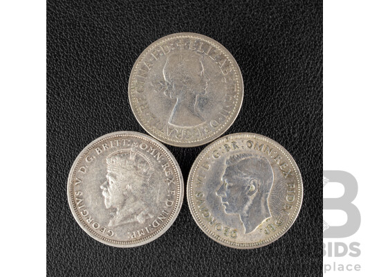 Three Australian Commemorative Silver Florins Including 1927 KGV Parliament House, 1951 KGVI Federation, 1954 QE2 Royal Visit