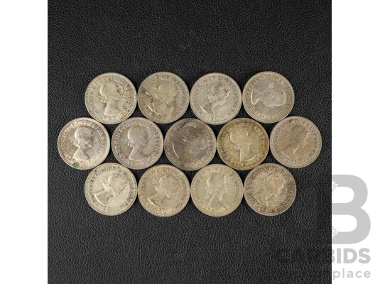 Thirteen Australian QE2 Silver Shillings Including 1956, 1958(2) 1959(3) 1960, 1961(3) 1962(2) 1963 .500