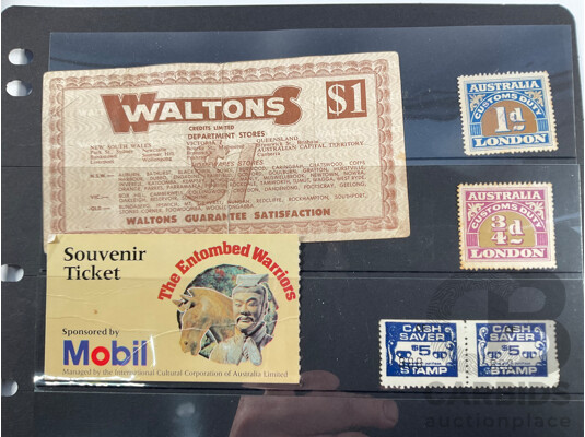 Collection of Vintage Australian Stamps and Packs Including 1983 Annual Album, Two War and Peace Packs, Customs Duty, Woolworths Cash Saver Stamps, Waltons Credit Certificate, Bagged Stamps on Paper