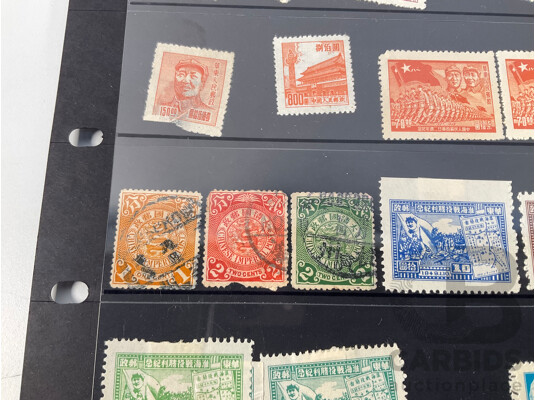 Collection of Vintage Chinese Stamps Including Coiling Dragon One, Two, Three Cents, Mao Tse-Tung Set, Overprints, Gate of Heavenly Peace Set, Mint Strips