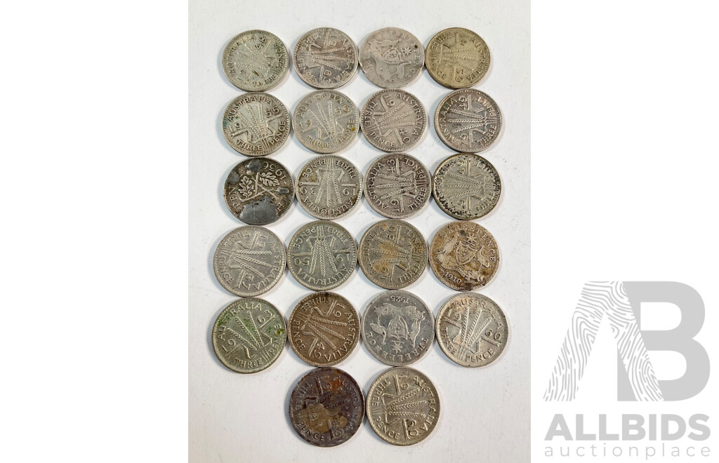 Twenty One Australian Silver Threepence Spanning 1910 to 1963