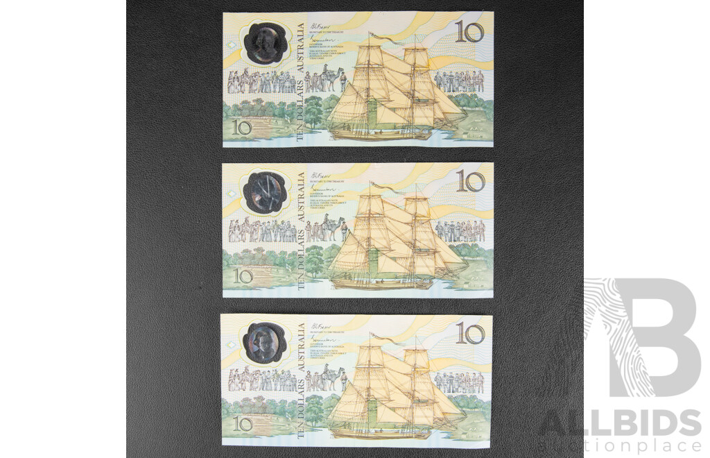 Three Australian 1988 Ten Dollar Notes, Bicentennial Fraser/Evans, R310b