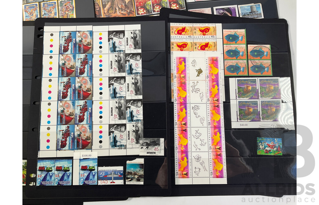 Collection of Australian Mint and Cancelled Stamps and Blocks Including Predecimal, Sets, Rock Posters, QE2, Federation Booklet, Olympics, Rain Forest, Christmas Island, Antarctic Territory