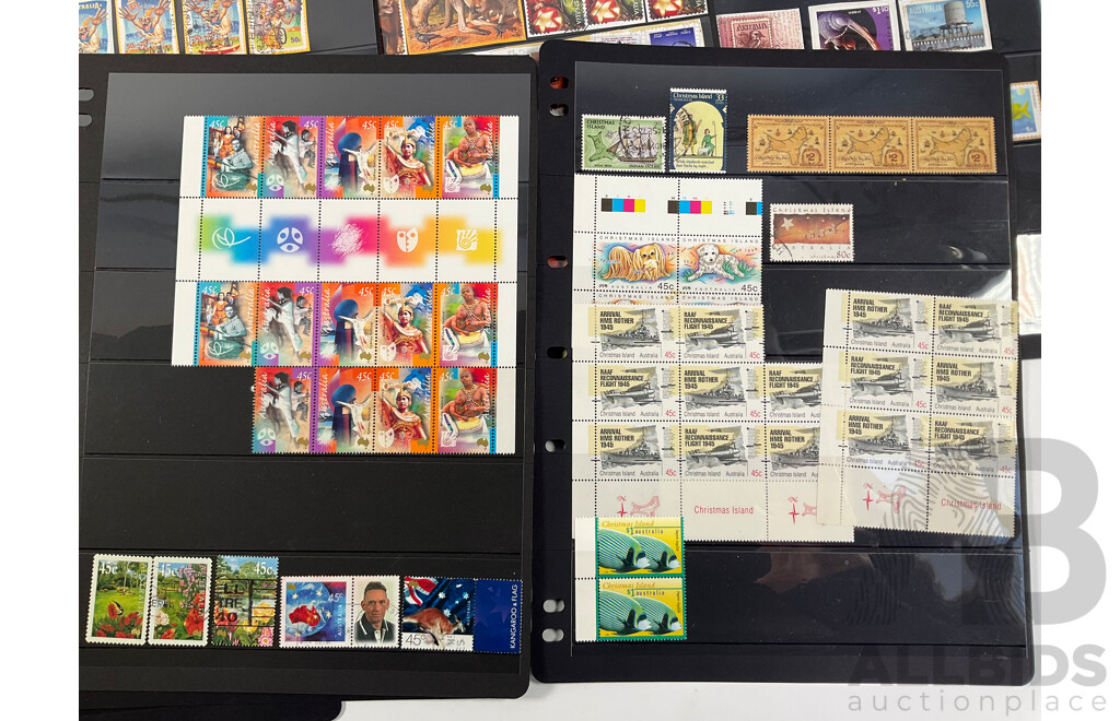 Collection of Australian Mint and Cancelled Stamps and Blocks Including Predecimal, Sets, Rock Posters, QE2, Federation Booklet, Olympics, Rain Forest, Christmas Island, Antarctic Territory