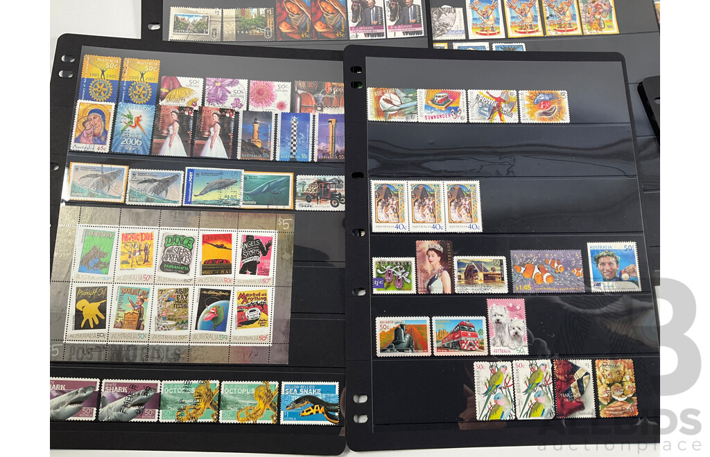 Collection of Australian Mint and Cancelled Stamps and Blocks Including Predecimal, Sets, Rock Posters, QE2, Federation Booklet, Olympics, Rain Forest, Christmas Island, Antarctic Territory