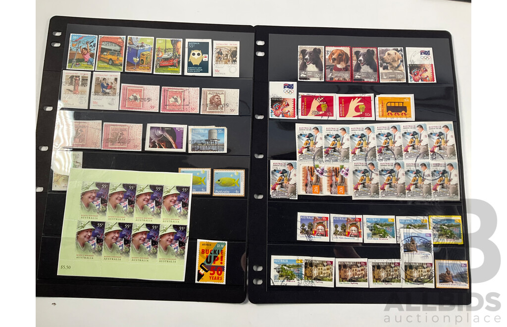 Collection of Australian Mint and Cancelled Stamps and Blocks Including Predecimal, Sets, Rock Posters, QE2, Federation Booklet, Olympics, Rain Forest, Christmas Island, Antarctic Territory