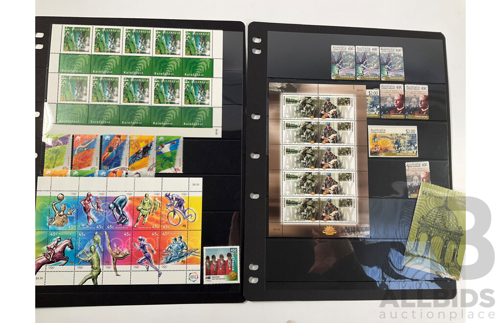 Collection of Australian Mint and Cancelled Stamps and Blocks Including Predecimal, Sets, Rock Posters, QE2, Federation Booklet, Olympics, Rain Forest, Christmas Island, Antarctic Territory