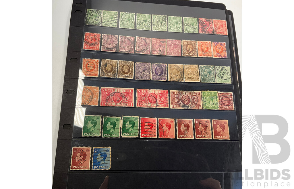 Collection of Great Britain Stamps, Examples Spanning 1880's to 1990, QV to QE2, Overprints, Perfins, Seahorse Ten Shillings