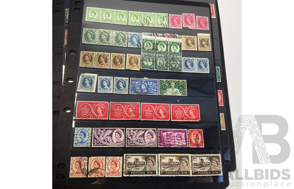 Collection of Great Britain Stamps, Examples Spanning 1880's to 1990, QV to QE2, Overprints, Perfins, Seahorse Ten Shillings
