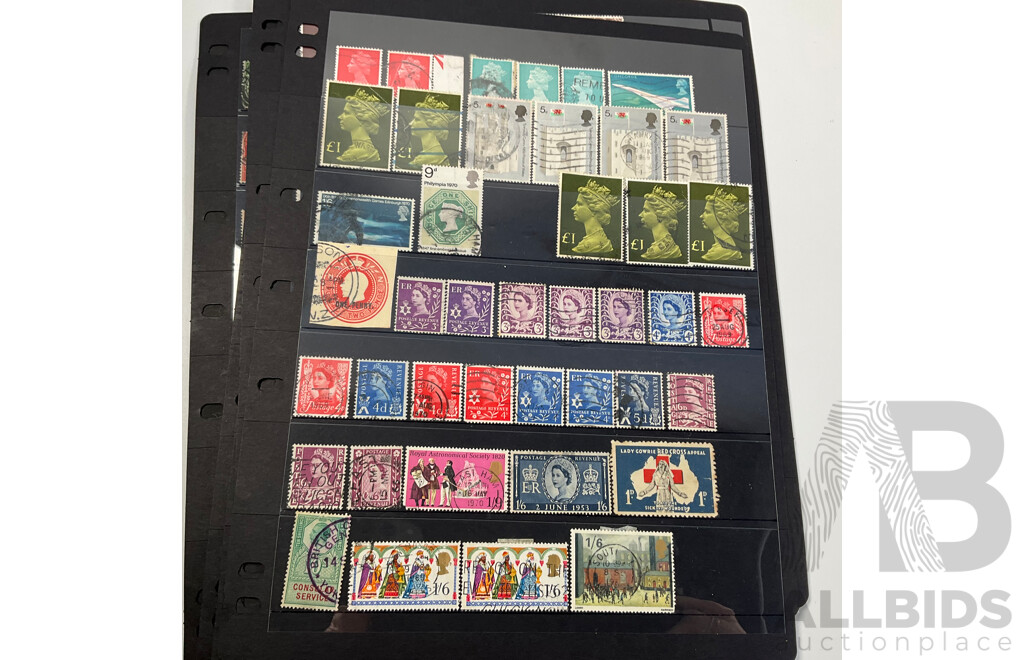 Collection of Great Britain Stamps, Examples Spanning 1880's to 1990, QV to QE2, Overprints, Perfins, Seahorse Ten Shillings