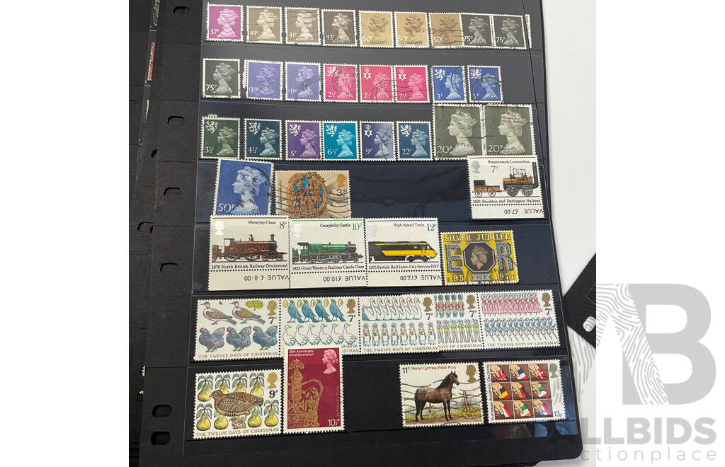 Collection of Great Britain Stamps, Examples Spanning 1880's to 1990, QV to QE2, Overprints, Perfins, Seahorse Ten Shillings