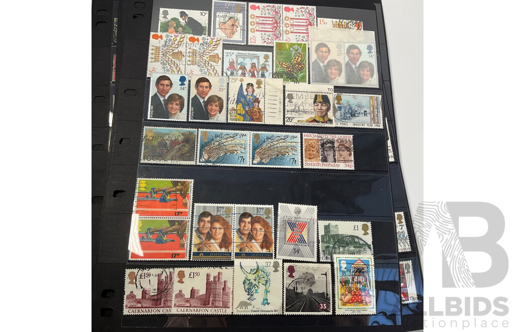 Collection of Great Britain Stamps, Examples Spanning 1880's to 1990, QV to QE2, Overprints, Perfins, Seahorse Ten Shillings