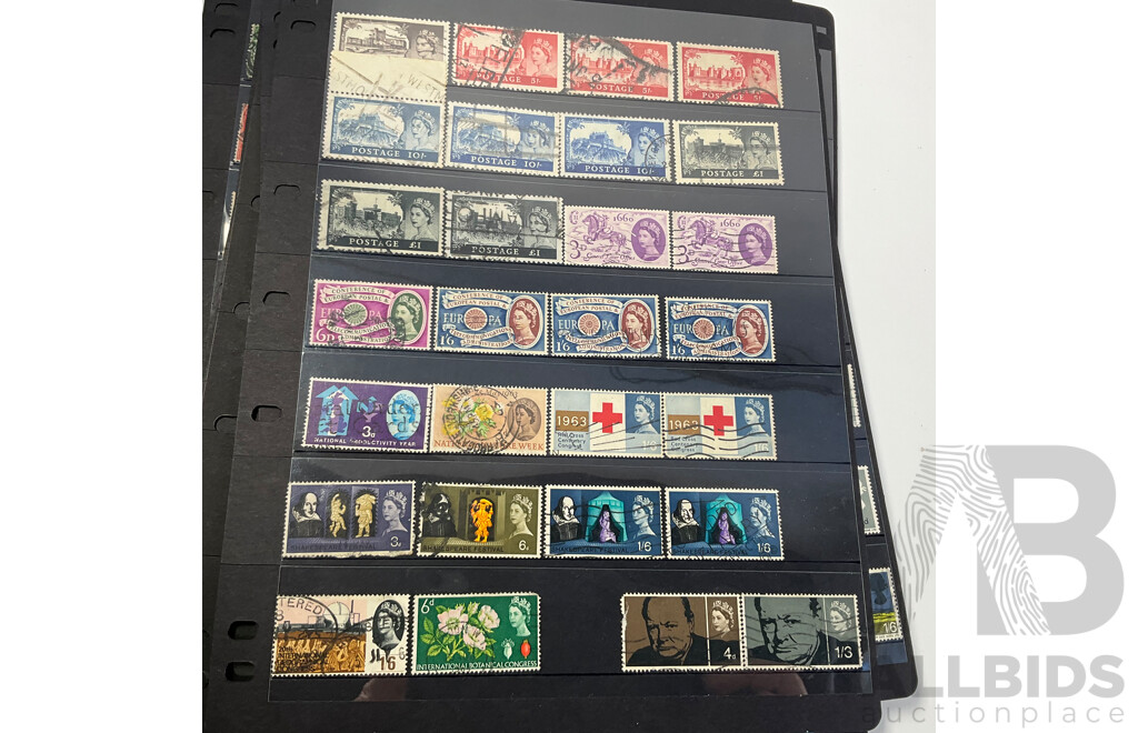 Collection of Great Britain Stamps, Examples Spanning 1880's to 1990, QV to QE2, Overprints, Perfins, Seahorse Ten Shillings