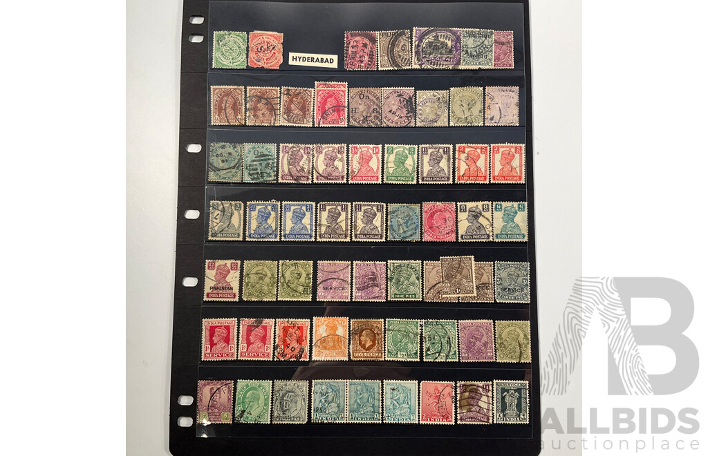 Collection of India/Hyderabad, British Guinea, Grenada Stamps Including QV Hand Cancel, Pakistan, OS, Overprints, Elvis Presley Mini Sheet