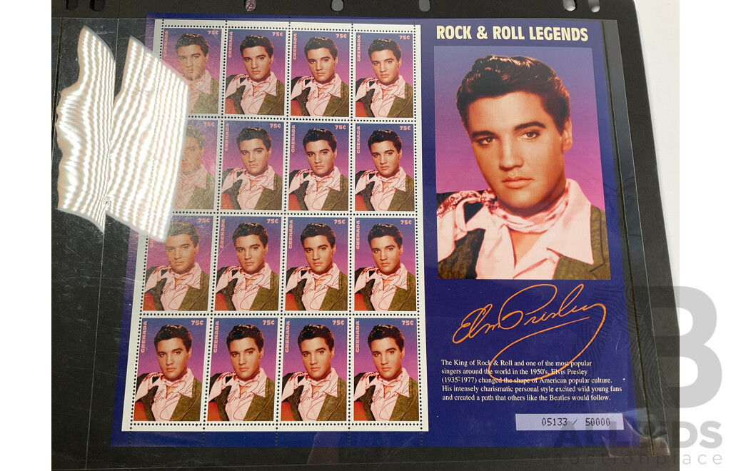 Collection of India/Hyderabad, British Guinea, Grenada Stamps Including QV Hand Cancel, Pakistan, OS, Overprints, Elvis Presley Mini Sheet