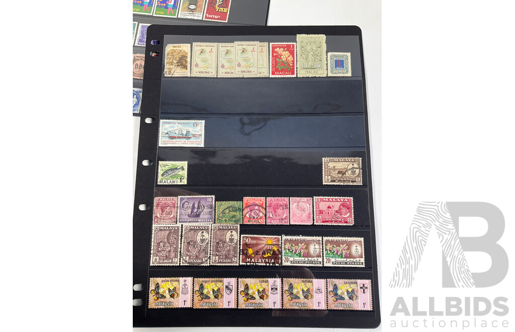 Collection Vintage Stamps Including China Dr Sun Yat Sen, Hong Kong KGV, QE2, Japan, Philippines, Malaysia, Macau, Israel, British Honduras, Ghana, Gold Coast, Overprints, Mints, Mint Hinged