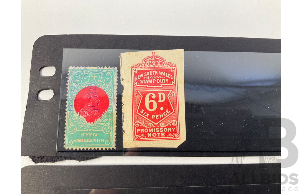Collection Australian New South Wales Stamps Including QV Ten Shillings Hand Cancel, KGV Two Shillings, Six Pence Promissory Note, Relief Tax Overprints