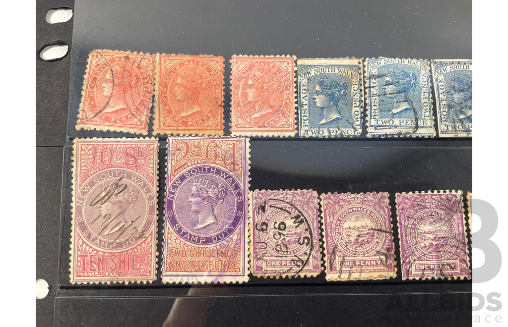 Collection Australian New South Wales Stamps Including QV Ten Shillings Hand Cancel, KGV Two Shillings, Six Pence Promissory Note, Relief Tax Overprints