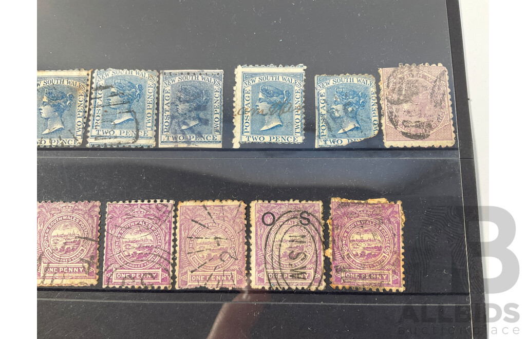 Collection Australian New South Wales Stamps Including QV Ten Shillings Hand Cancel, KGV Two Shillings, Six Pence Promissory Note, Relief Tax Overprints