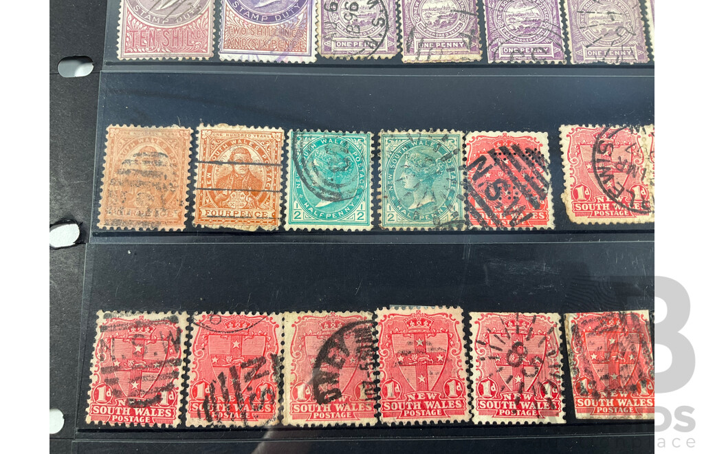 Collection Australian New South Wales Stamps Including QV Ten Shillings Hand Cancel, KGV Two Shillings, Six Pence Promissory Note, Relief Tax Overprints