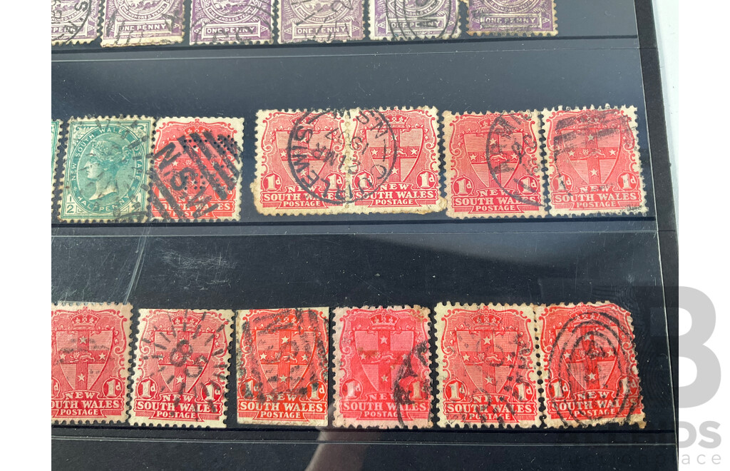 Collection Australian New South Wales Stamps Including QV Ten Shillings Hand Cancel, KGV Two Shillings, Six Pence Promissory Note, Relief Tax Overprints