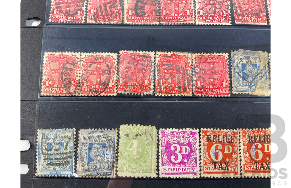 Collection Australian New South Wales Stamps Including QV Ten Shillings Hand Cancel, KGV Two Shillings, Six Pence Promissory Note, Relief Tax Overprints