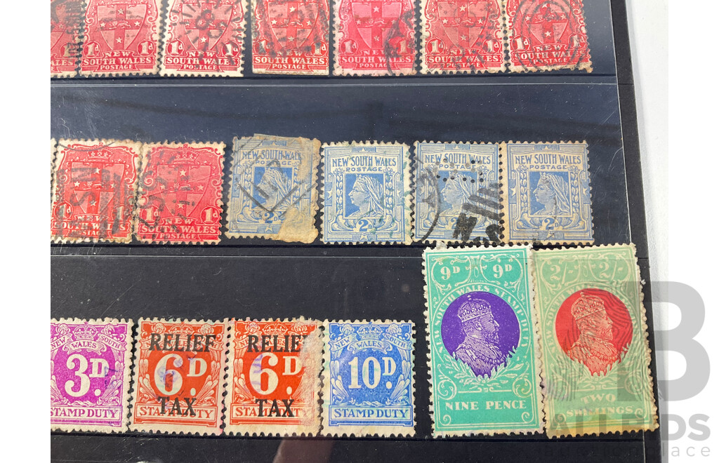 Collection Australian New South Wales Stamps Including QV Ten Shillings Hand Cancel, KGV Two Shillings, Six Pence Promissory Note, Relief Tax Overprints