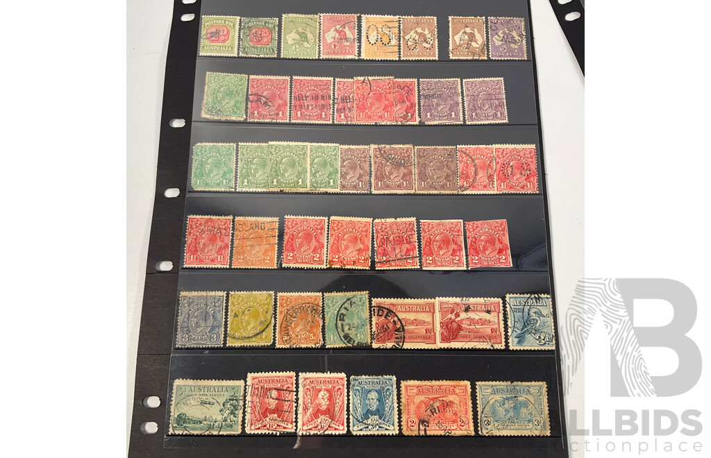 Collection of Australian Predecimal Stamps Spanning 1910's to 1965 Including KGV, KGVI, QE2, Kangaroo on Map Ninepence, Hand Cancel, Perfins, Five Shillings Coat of Arms, Threepence Kookaburra