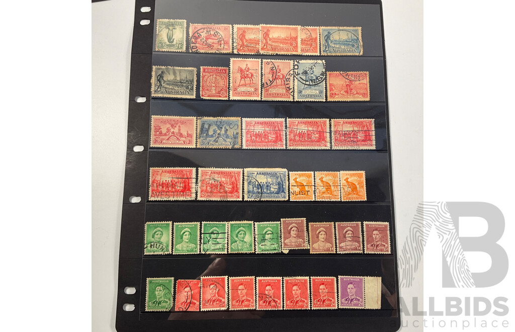 Collection of Australian Predecimal Stamps Spanning 1910's to 1965 Including KGV, KGVI, QE2, Kangaroo on Map Ninepence, Hand Cancel, Perfins, Five Shillings Coat of Arms, Threepence Kookaburra