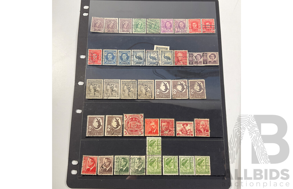 Collection of Australian Predecimal Stamps Spanning 1910's to 1965 Including KGV, KGVI, QE2, Kangaroo on Map Ninepence, Hand Cancel, Perfins, Five Shillings Coat of Arms, Threepence Kookaburra