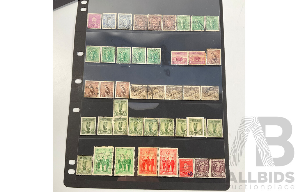 Collection of Australian Predecimal Stamps Spanning 1910's to 1965 Including KGV, KGVI, QE2, Kangaroo on Map Ninepence, Hand Cancel, Perfins, Five Shillings Coat of Arms, Threepence Kookaburra