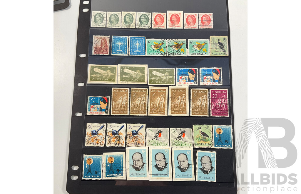 Collection of Australian Predecimal Stamps Spanning 1910's to 1965 Including KGV, KGVI, QE2, Kangaroo on Map Ninepence, Hand Cancel, Perfins, Five Shillings Coat of Arms, Threepence Kookaburra