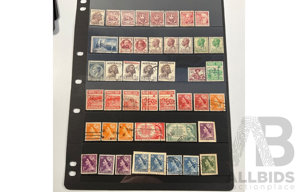 Collection of Australian Predecimal Stamps Spanning 1910's to 1965 Including KGV, KGVI, QE2, Kangaroo on Map Ninepence, Hand Cancel, Perfins, Five Shillings Coat of Arms, Threepence Kookaburra