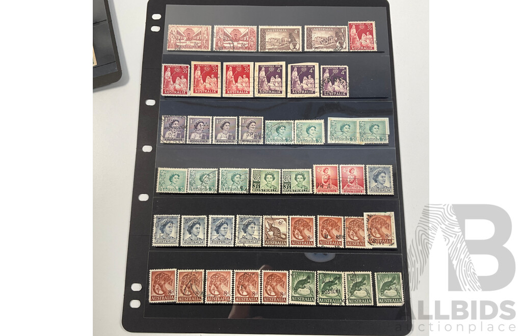 Collection of Australian Predecimal Stamps Spanning 1910's to 1965 Including KGV, KGVI, QE2, Kangaroo on Map Ninepence, Hand Cancel, Perfins, Five Shillings Coat of Arms, Threepence Kookaburra