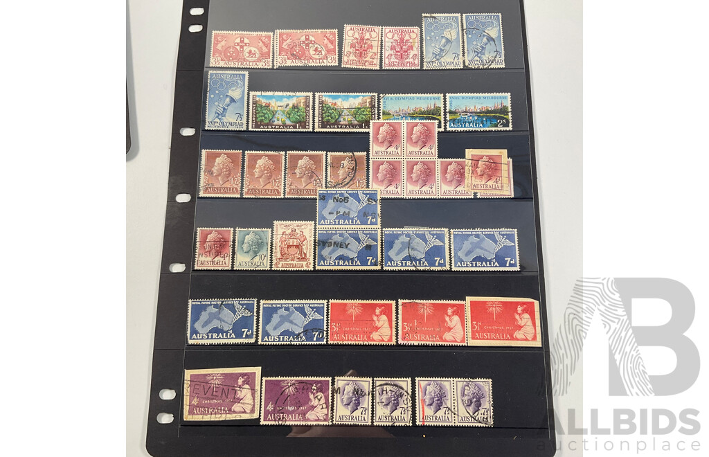 Collection of Australian Predecimal Stamps Spanning 1910's to 1965 Including KGV, KGVI, QE2, Kangaroo on Map Ninepence, Hand Cancel, Perfins, Five Shillings Coat of Arms, Threepence Kookaburra